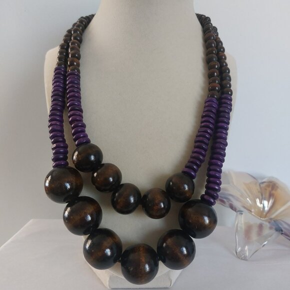 Brown Purple Wooden Beads Necklace 2 Layers Boho Earth Tone Statement Like New - Picture 3 of 9